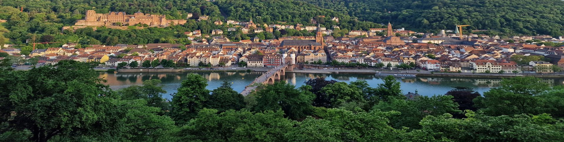 View of Heidelberg with the River Neckar, the Old Bridge, the old town and the castle on a wooded hill in the background.